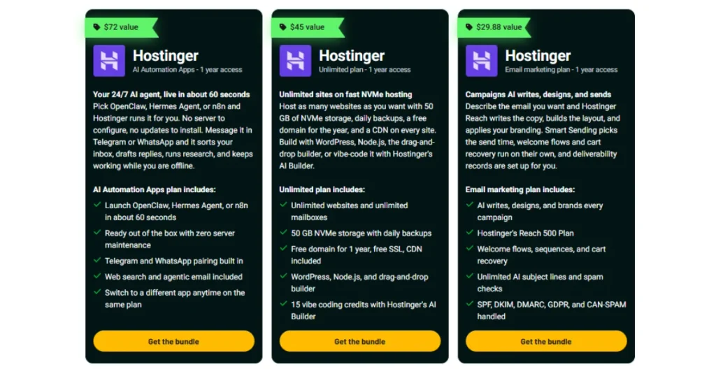 Hostinger Bundle on AppSumo showing three plans 77 and 34 price on September 20 2026