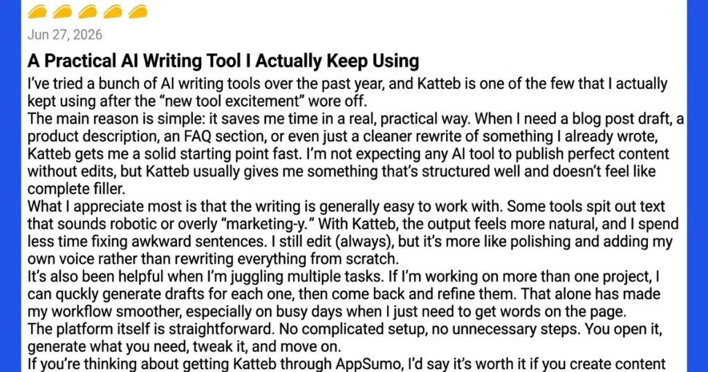Katteb AppSumo User Review 5 Stars