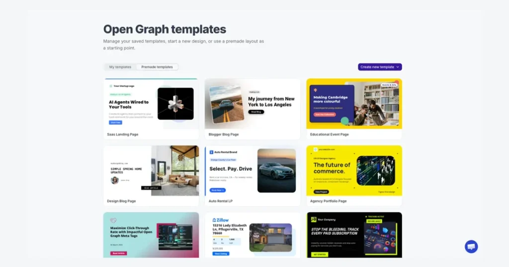 OpenGraph lifetime deal template gallery showing premade OG image templates