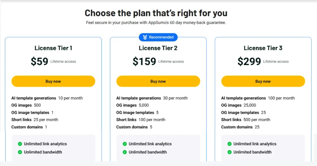 OpenGraph lifetime deal pricing tiers on AppSumo showing Tier 1, 2, and 3