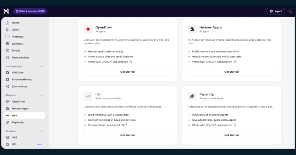 Hostinger hPanel dashboard showing AI Agents including OpenClaw, Hermes Agent, n8n workflow automation, and Paperclip