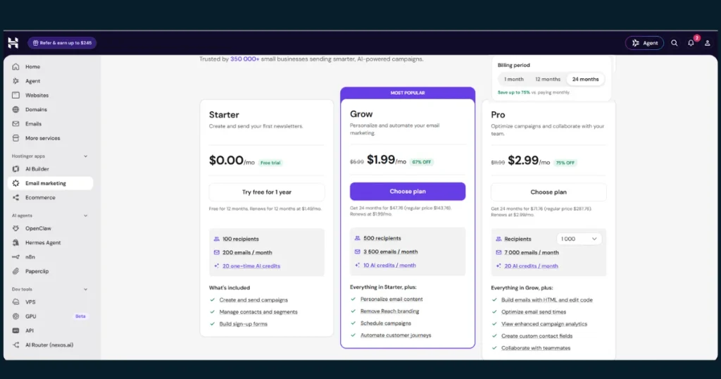 Hostinger Reach plans showing Starter, Grow, and Pro email marketing pricing in hPanel
