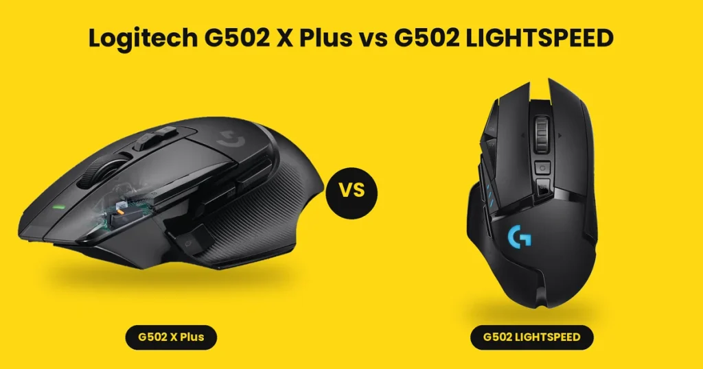 Logitech G502 X Plus vs G502 LIGHTSPEED wireless gaming mice side by side on a yellow background