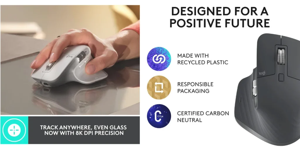 Logitech MX Master 3S features showing 8K DPI glass tracking, recycled plastic build, and carbon neutral certification