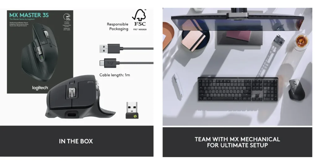 Logitech MX Master 3S unboxing contents including USB-C charging cable, Bolt Receiver, and desk setup with MX Mechanical keyboard