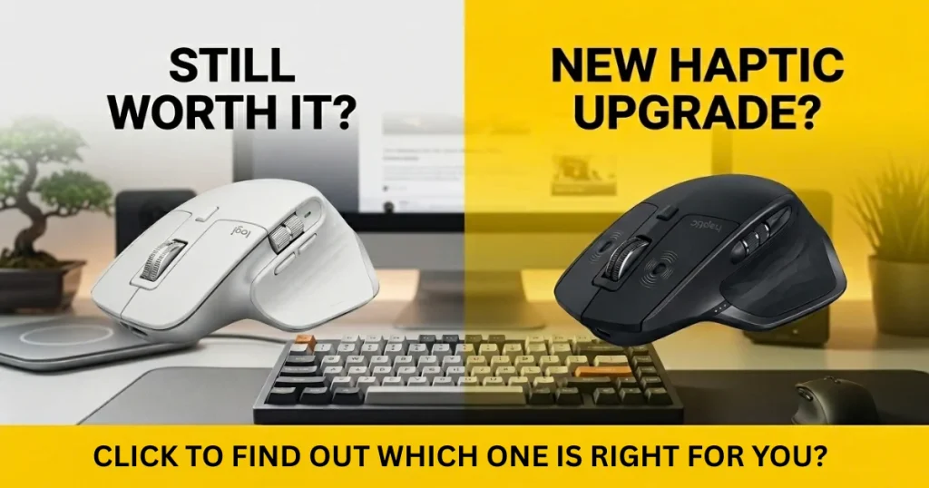 Logitech MX Master 3S vs MX Master 4 comparison banner showing design upgrades and haptic scroll features