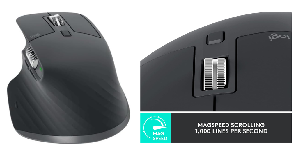 Logitech MX Master 3S wireless mouse showing MagSpeed scrolling feature with a speed of 1,000 lines per second.