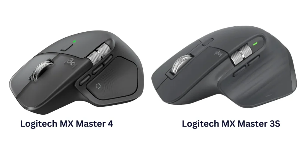 Side-by-side design comparison of Logitech MX Master 4 vs Logitech MX Master 3S wireless ergonomic mice